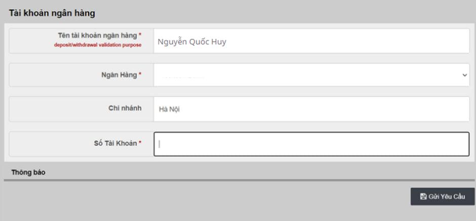Nhập thông tin tài khoản ngân hàng